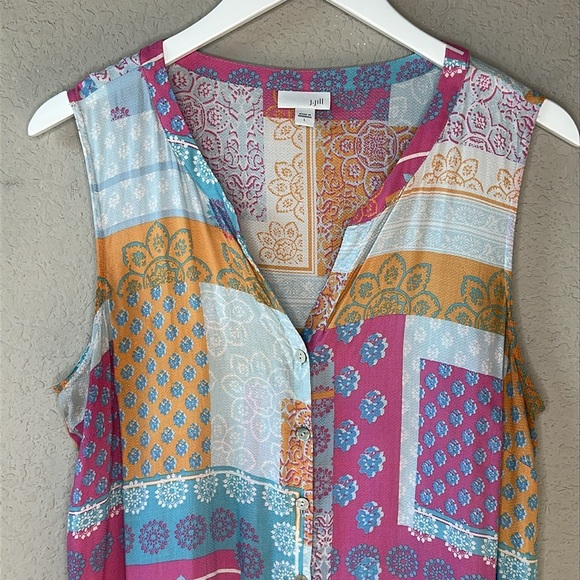 J. Jill Flowy Pink and Blue Boho Patchwork Print Sleeveless Button Up Blouse L - Picture 2 of 10